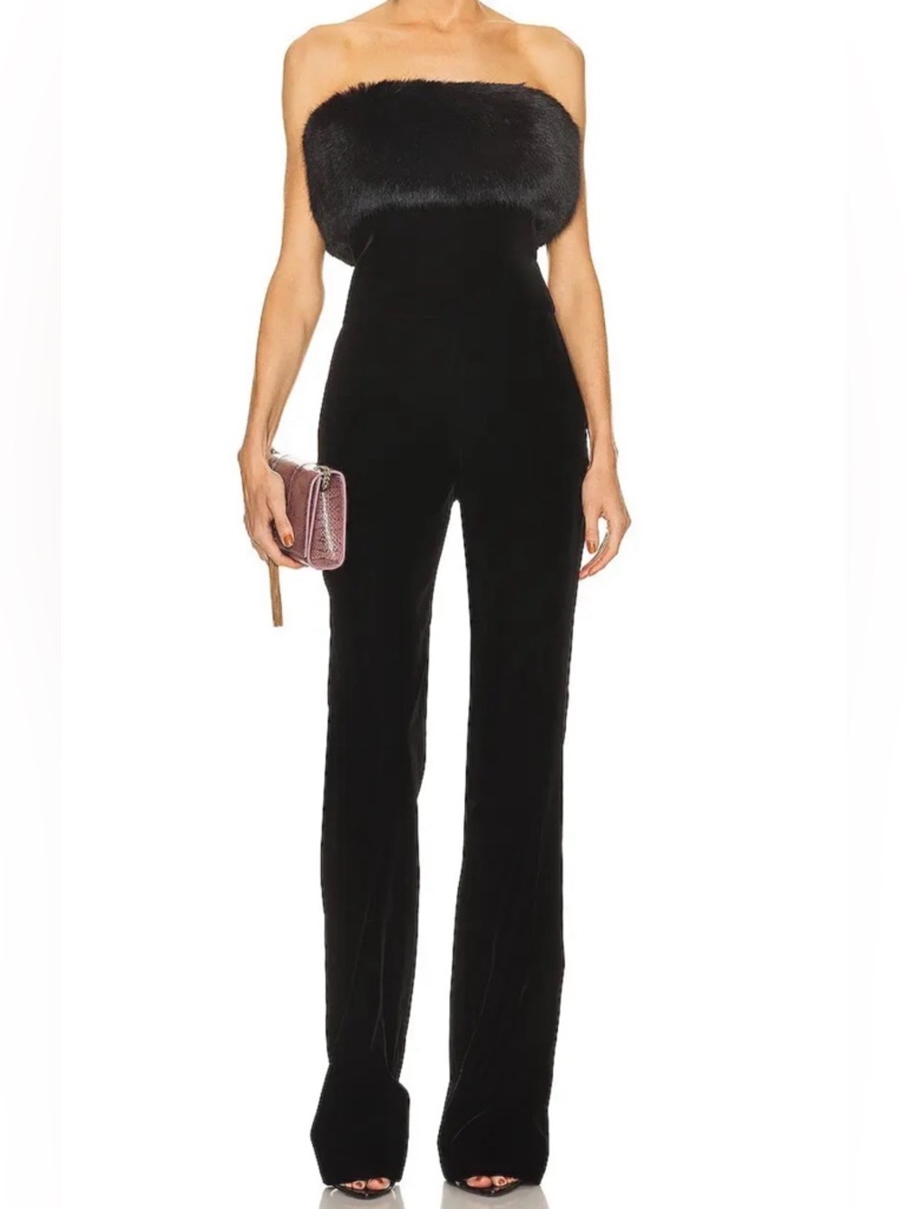 Saint Laurent Black Strapless Velvet Jumpsuit with Faux Fur Bodice